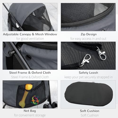 PawHut Faltbarer Hunde-Kinderwagen mit verstellbarem Verdeck, Tasche und 2 Leinen, Oxford-Gewebe und Stahl-Kinderwagen, 82x47x97 cm, Grau und Schwarz