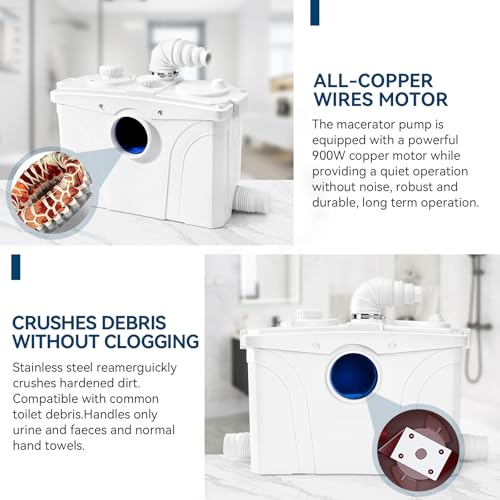 Image of 1.2HP Macerator Pump with PCB Function Toilet Pump Utility Sink Pump Upflush to 32.8FT 2500GPH Macerating Toilet System with 4 Water Inlets 1 Outlets for Toilet Sink Shower Laundry Kitchen Basement