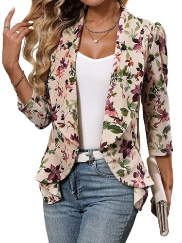 Blazers for Women 2025 Elegant Floral Print Ruffle Hem Cinched Waist Open Front Blazer Jacket Trendy Jacket