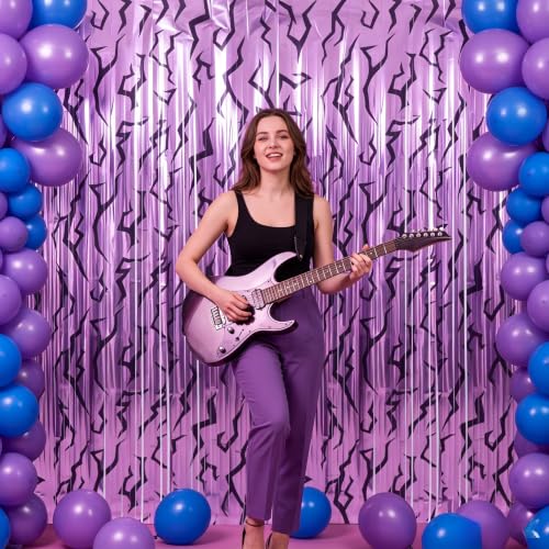 Image of TONIFUL 2Pcs Purple Lightning Bolt Print Metallic Foil Fringe Curtains | 3.3ftx6.6ft Photo Booth Backdrop Door Streamer for Baby Shower Bachelorette Rock Music Themed Birthday Party Decorations