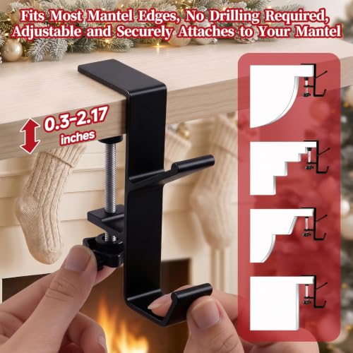 HISFFOG 4 Pack Stocking Holders for Mantle, 2-in-1 Adjustable Christmas Stocking & Garland Hangers with Dual Hooks, No-Drill Metal Fireplace Hooks with Non-Slip Pads, Black - image 2