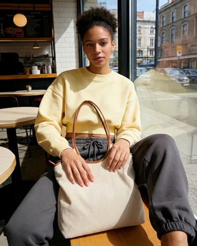 Image of BAGSMRT Corduroy Tote Bag for Women with Zipper Casual Shoulder Bag | Lightweight Travel Tote Hobo Handbag with PU Leather Handles Beach Bag for Travel Shopping Campus