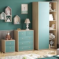 Junior Vida Neptune 3 Piece Bedroom Furniture Set 2 Drawer Bedside Table Cabinet, 5 Drawer Chest, 1 Door Wardrobe (Blue & Oak)