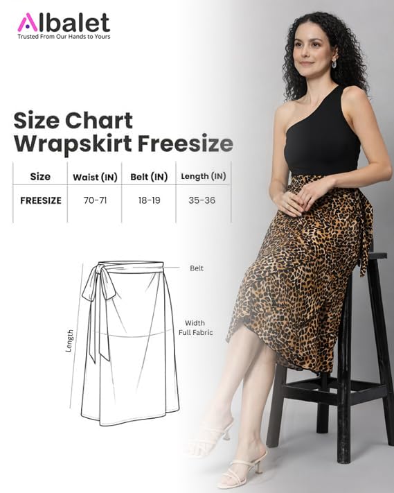 Image of Women's Floral & Animal Print Wrap Skirt - Midi Length A-Line Summer Skirt with Side Tie-Up, Tropical Cheetah Tiger Casual Beach Wear