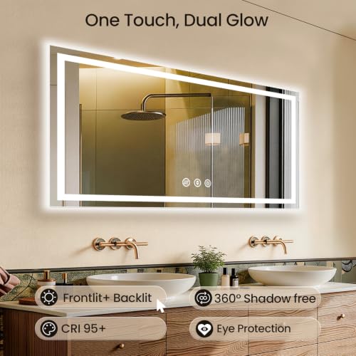 Image of 60x30 LED Bathroom Mirror with Anti-Fog, Backlit & Front Lit, Memory | Stepless Dimmable 3 Color CRI 95+ Shatterproof Tempered Glass ETL Listed for Safety Lighted Bathroom Vanity Mirror for Wall