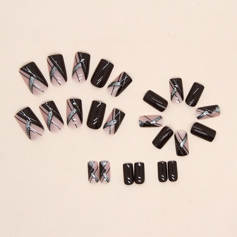 JUSTOTRY 24 Pcs Silvery Glitter Striped False Nails Short Pattern,Burgundy Red French Square Press on Nails,Glossy Fake Nails Medium for Nail Art,Pretty Squoval Stick on Nail for Women Gifts - Image 3