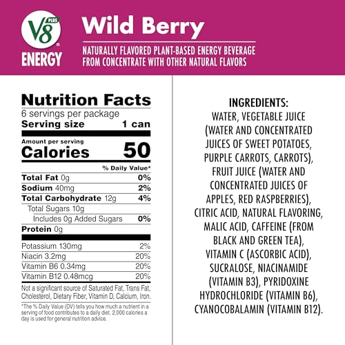 Image of V8 +Energy Wild Berry Juice Energy Drink, 8 fl oz Can (6 Pack)
