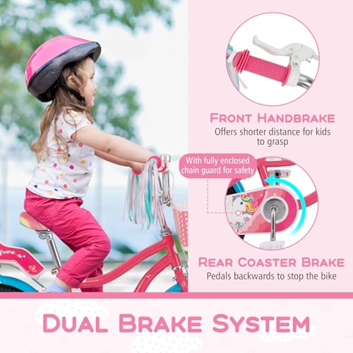 Image of BABY JOY Girls Bike with Streamers & Doll-Seat, Kids Bike for 3-8 Years Old | 12 14 16 18 20 Inch Children Bicycle w /Detachable Training Wheels or Kickstand, Storage Basket, Adjustable Seat and Handlebar