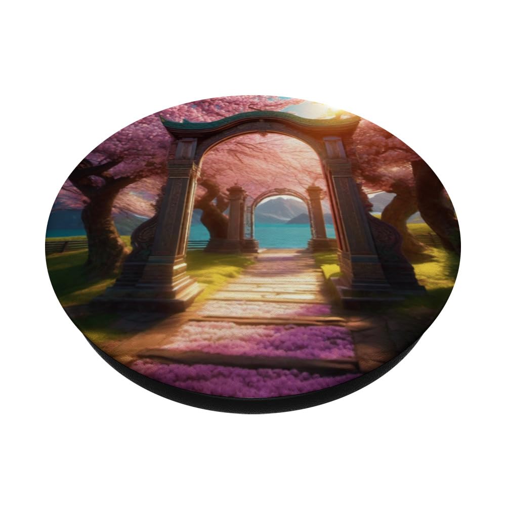 Mystical Cherry Blossoms Stone Arch Ethereal Fantasy Graphic PopSockets Swappable PopGrip, Black - Image 2