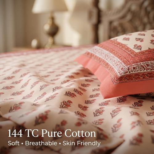 Image of Mafatlal 144 TC Heritage 100% Cotton Traditional Jaipuri Print Queen Size Bedsheet (90x108 Inches) with 2 Matching Pillow Covers - Flat, Garnet Red