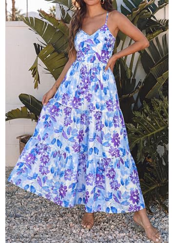 Image of KIRUNDO Sundresses for Women 2026 Spring Summer | Boho Floral Print Hawaiian Style, Sleeveless Spaghetti Strap, With Pockets, Beach Vacation Cruise Flowy Maxi Dress