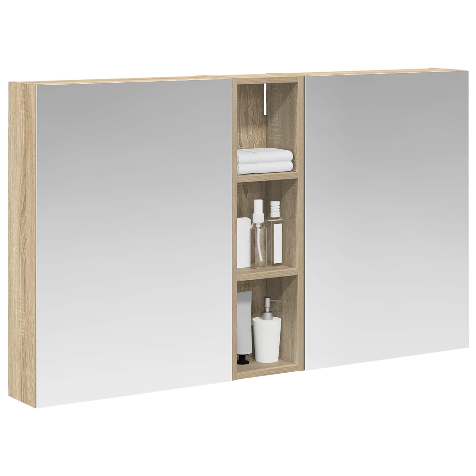 3-częściowy zestaw szafek łazienkowych z materiału drewnopochodnego 120 x 14,5 x 70 cm z oświetleniem LED, dwukierunkowe lustro, montaż na ścianie, schowek i regał, na meble łazienkowe i