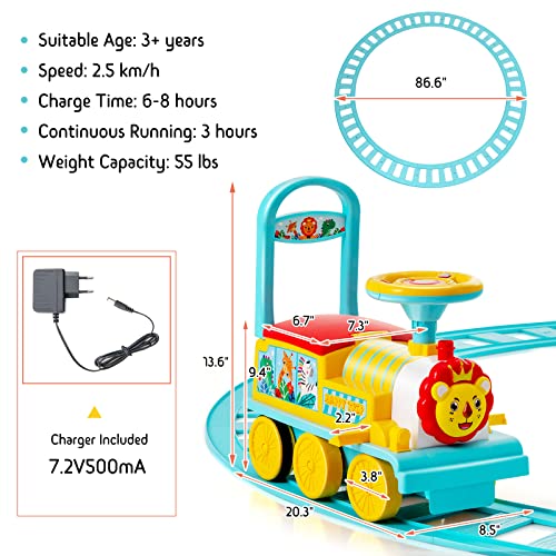 Image of GLACER Ride On Train with 16 Pieces Tracks for Kids, Electric Ride On Toy with Lights & Sounds, Storage Box Under Seat and Retractable Foot Pedals, Gift for Toddler, Boys and Girls 3+ Years (Blue)