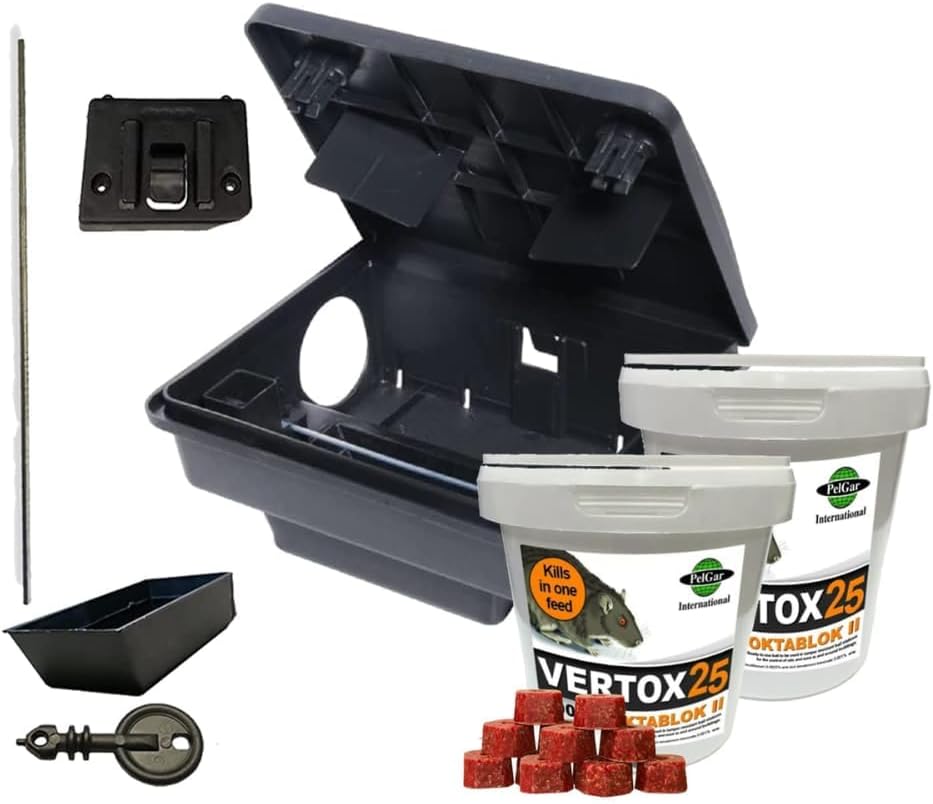 Rat Block Bait with Rat Bait Station Mouse Bait Blocks and Mouse Bait Station Single Feed Rodent Killer Block Fast Acting Rodent Control Kit (1 Bait Station + 2 Vertox Oktablock-ll 300g Tubs)