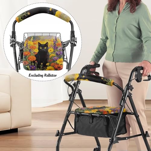 Image of Universal Rollator Walker Seat and Backrest Covers for Ladies Flower Black Cat Rollator Accessories Cute Walkers for Seniors with Seat Covers