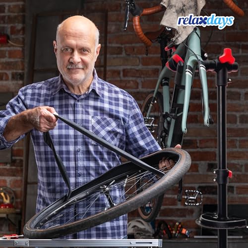 Relaxdays Fahrradmontageständer Reparaturständer mit Werkzeugablage – klappbar & höhenverstellbar – schwarzer Montageständer vierbeinig stabil mit festem Stand – Stahl pulverbeschichtet, 10017183, STANDARD