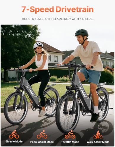 Image of Electric Bike for Adults, 1500W Peak E bike with 48V 12Ah Internal Removable Battery, 26 inch Electric Bicycle Up to 25MPH, 65 Miles Long Range, 5 Modes & 7 Speeds, Lightweight Cruiser E-bike for Commute