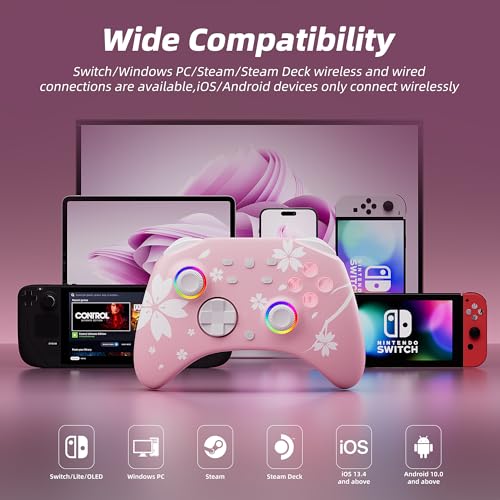 Image of Mytrix Wireless Controllers for Switch /Switch 2, Windows PC iOS Android Steam /Steam Deck, Sakura Pink Bluetooth Controller with Programmable, Hall Effect Joysticks, Adjustable LED Light /Turbo /Vibration