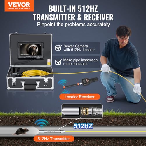Cámara de Alcantarillado VEVOR con Localizador 512Hz, 9" Pantalla, 30 m, Cámara de Inspección con Autonivel, Zoom 36X, Cámara de Plomería con 12 LEDs, Tarjeta de 32GB, Impermeable IP68 miniatura 2