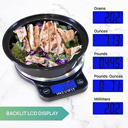 Inevifit Digital Kitchen Scale, Highly Accurate Multifunction Food Scale 13 Lbs 6Kgs Max, Clean Modern Black With Premium Stainless Steel Finish. Includes Batteries #TOP3