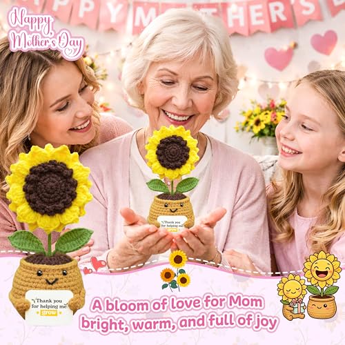 Image of Sunflower Gifts for Mom, Emotional Support Crochet Sunflower - Handmade inchThank You for Helping Me Grow inch - Teacher, Mentor, Mom, or Grandma Appreciation, Birthday for Moms