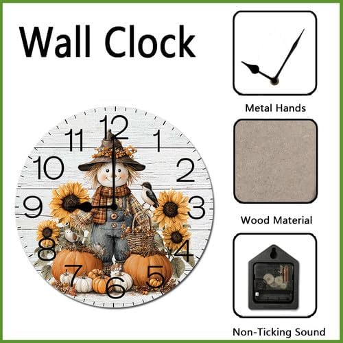 Miniatura 3 de Preciosas calabazas espantapájaros con hojas de otoño, reloj de cosecha de Hello Fall para sala de estar, reloj de pared redondo de 10 pulgadas para