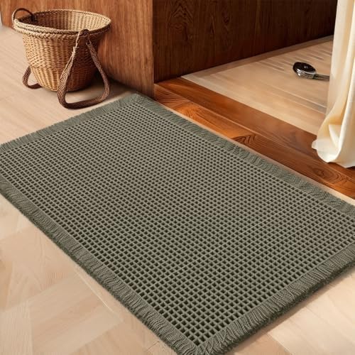 IM HOME Waffle Bath Mat Olive Green 32"x20", Boho Woven Modern Bath Mat Rugs, Absorbent Non Slip Bathroom Rugs, Soft Washable Bath Rugs with Tassels