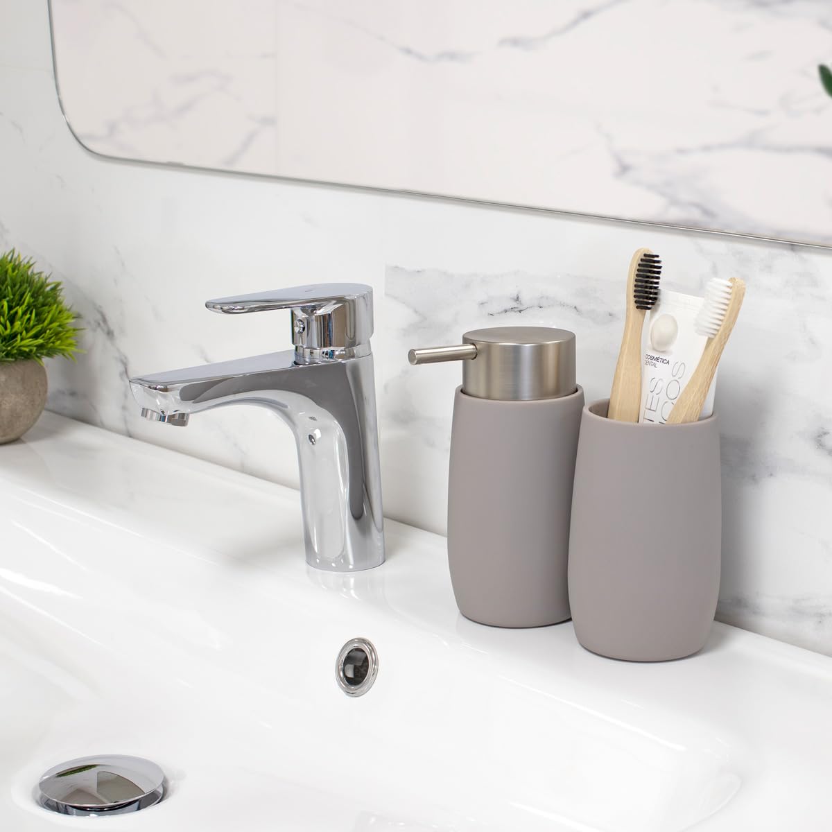 Vaso baño para Cepillo Dientes | Serie Glaciar | ABS | Blanco, Gris y Beige Mate | para baño o Cocina | 7.5 cm ∅ x 11.5 cm Alto (Beige)