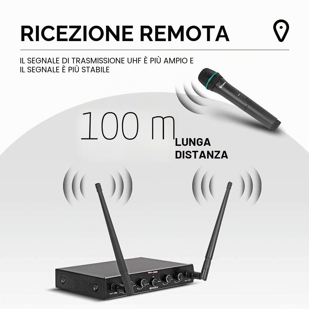 Debra Audio Pro UHF - Sistema di microfono wireless a 4 canali, con microfono lavalier, ricevitore in metallo, ideale per karaoke, feste di karaoke (4 Palmare (A))