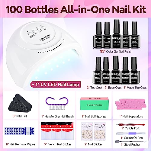 JODSONE-100-PCS-Gel-Nail-Polish-Starter-Kit-with-U-V-Light-95-Colors-Macarons-Combined-with-Dark-Colors-Nail-Gel-No-Wipe-Base-Coat-Top-Matte-Coat-Long-Lasting-Shine-Gel-Polish