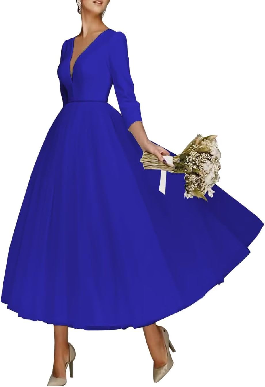 2026 Wedding Guest Dresses Tea Length Middle Sleeves Satin Tulle Formal Dress for Women Deep V Neck Gown JS337