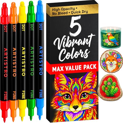 Image of ARTISTRO 5 Precision Dual-Tip Acrylic Paint Markers - Paint Pens Set with Dot & Fine Tips for Fabric, Rock, Glass, Wood, Coloring Books - Arts & Crafts Gift - Classroom Must Haves & School Supplies
