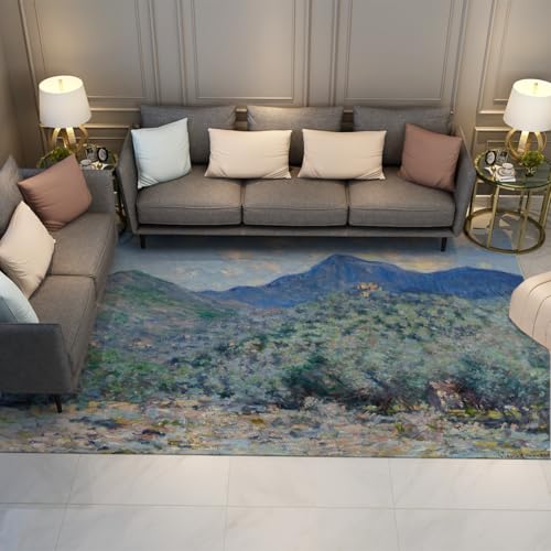 Alfombras Lavables a máquina Cliff Coast Azul y Verde Alfombra 100x150cm Sala de Estar Paisaje Junto al mar Monet para Comedor hogar Oficina Dormitorio Antideslizante Pelo bajo no se