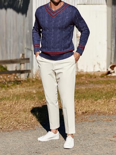 PASLTER Mens V Neck Sweater Cable Knit Chunky Relaxed Fit Fashion Twist Thermal Pullover Tennis Sweaters4