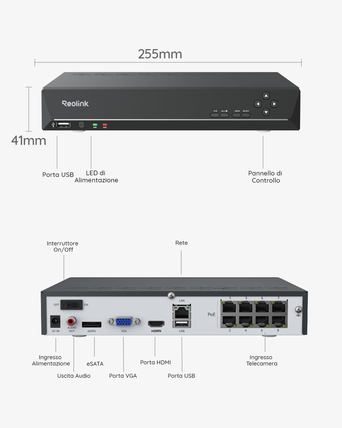 Reolink NVR PoE 8 Canali con 2TB HDD, Videoregistratore Cablato Supporta 16MP/12MP/4K/5MP/4MP, Accesso Locale e Remoto, Capacità Espandibile a 16TB, Videosorveglianza Registrazione 24/7, RLN8-410
