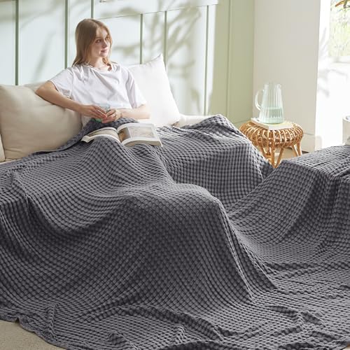 Image of Bedsure Cooling Cotton Waffle Oversized King Blanket - Lightweight Breathable Blankets Rayon Derived from Bamboo for Hot Sleepers, Luxury Throws for Bed and Sofa Dark Grey, 120x96 Inches