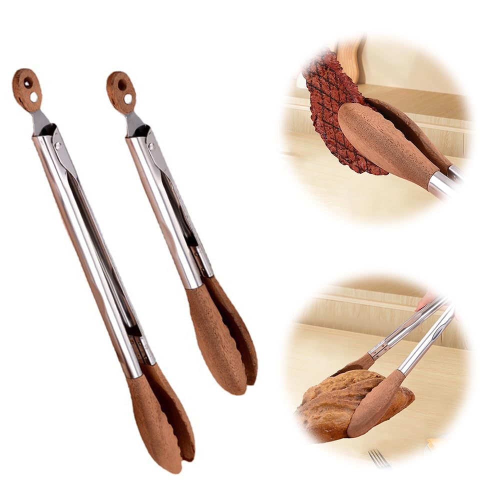 Pinzas de madera para cocinar, pinzas de ensalada de madera antideslizantes de acero inoxidable con mango largo con agujero para colgar, pinzas de cocina para barbacoa, parrilla, servir alimentos,
