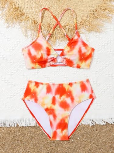 Image of WDIRARA Girl's 2 Piece Boho Tie Dye Swimsuits Ring Linked Criss Cross Bikini Set Beach Bathing Suit