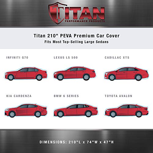 Image of Titan Premium Multi-Layer PEVA Car Cover for Large Sedans 203-212 inch. Waterproof, UV Protection, Anti-Scratch Protective Lining, Driver-Side Zippered Opening. Fits Avalon, XTS, 6-8 and More.