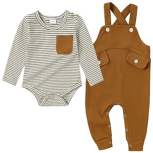 Image of CARETOO Newborn Baby Boy Clothes Infant Boy Romper Fall Winter Outfits Bodysuit 2Pcs Striped Long Sleeve Top Overalls 0-18M