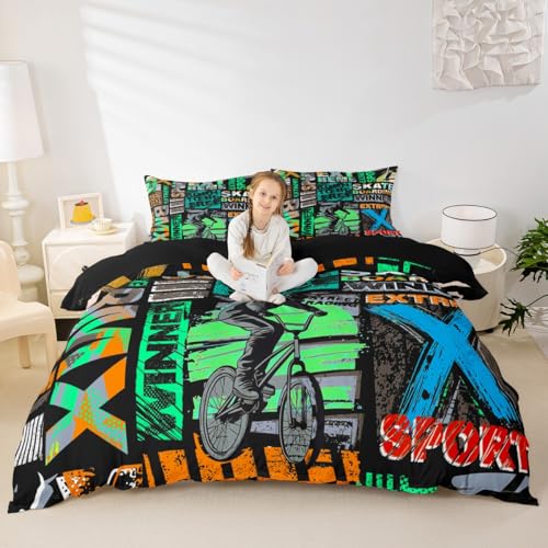 Bmx Bedding Set For Boys, Extreme Sports Games Comforter Cover, Skateboard Dirt Bike Duvet...
