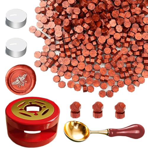 Ioggtser Wax Seal Beads Kit - 450PCS New Wine Red Sealing Set With Warmer, Melting Spoon, 2 Candles for Wedding Envelope