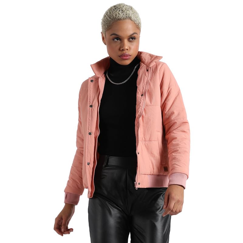 Image of PINACOLADA Women's Pink Puffer Regular Fit Bomber Jacket For Winter Wear | Standing Collar | Full Sleeve | Buttoned | Casual Jacket For Woman & Girl | Western Stylish Jacket For Women