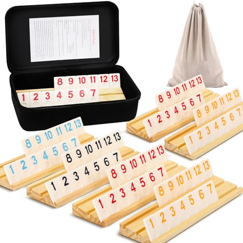 Upgraded 2-6 Players Rummy Game with 6 Wooden Racks, 160 Melamine Tiles, Drawstring Bag, Premium Portable Case, Tile Board Games for Adults & Kids Age...