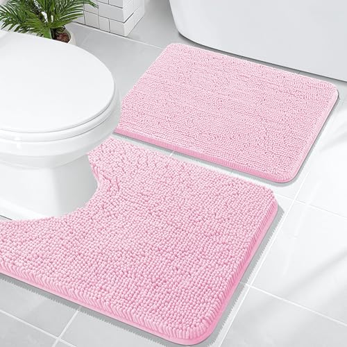 Image of OLANLY Bathroom Rugs Sets 2 Piece, Soft Absorbent Chenille Bath Mats and U-Shaped Contour Toilet Mat Area Rug Set, Machine Washable Bath Carpet, Home Decor Accessories(24 inchx16 inch+24 inchx20 inch, Pink)