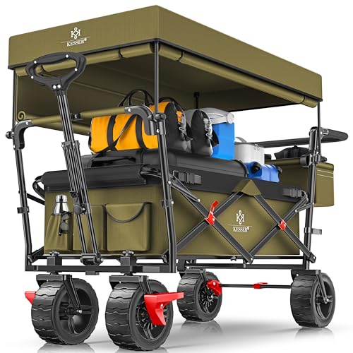 KESSER XXL Bollerwagen faltbar mit Dach GT9000 klappbarer Handwagen bis 150 kg für Kinder Strand Camping & Garten großer Transportwagen mit Hartgummi Rädern Bremsen vorne & hinten + Tragetasche