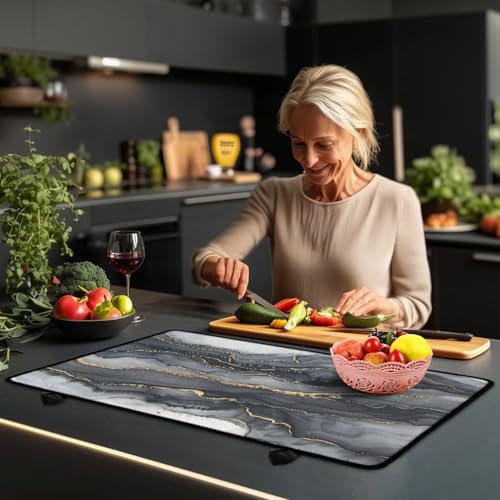 Image of Poceacles Electric Stove Top Cover for Stove Top, Induction Electric Stove Protector Non-slip Glass Cooktop Cover Range Cover Multipurpose Flat Top Stove Mat, Black Gold Marble