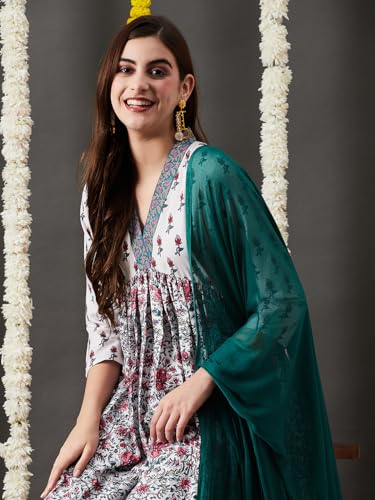 Image of GoSriKi Women's Cotton Blend Anarkali Printed Kurta with Pant & Dupatta
