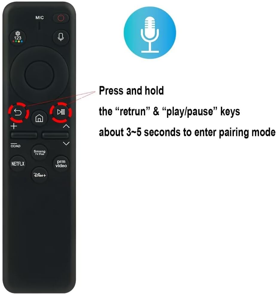 Remote control showing the Return and Play/Pause buttons highlighted for pairing