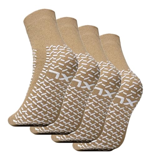 Double Tread Non-Skid Safety Socks – X-Large Beige (4 Pairs) / Unisex | Non-Slip | Hospital, Home, or Yoga Use